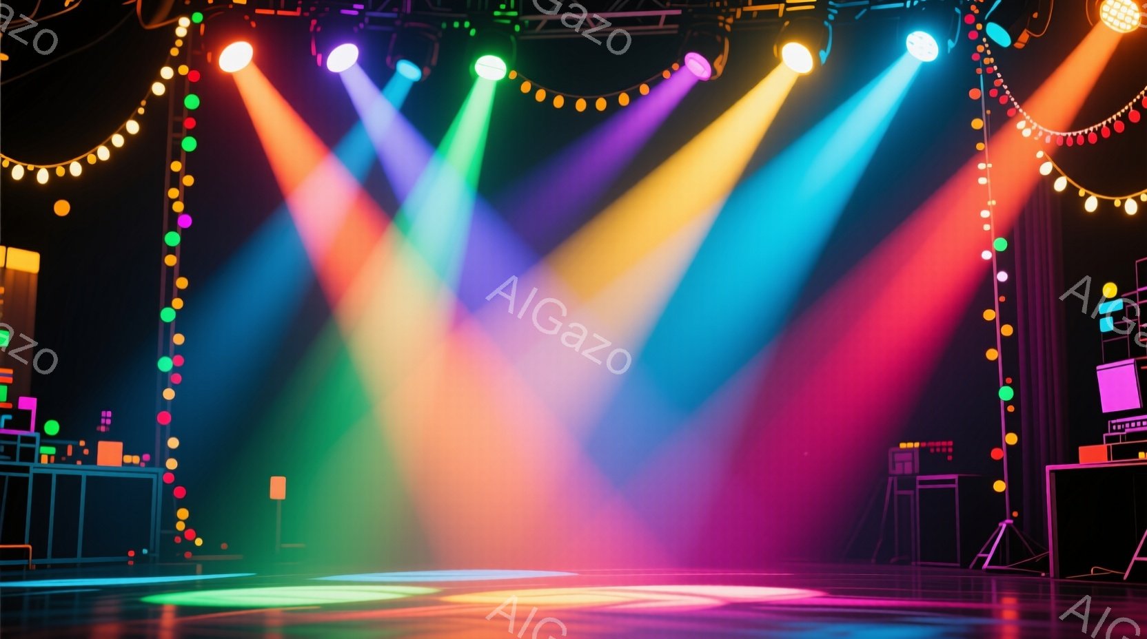 ステージ上にカラフルなスポットライトが放射状に広がっており、空中に光の柱が形成されています。背景には黒いステージと機材、そしてカラフルな電球が飾られた装飾が見られ、コンサートやイベント会場のような雰囲気を醸し出しています。全体的に、エネルギッシュで活気のある、ショーが始まる直前の期待感に満ちた空間が表現されています。