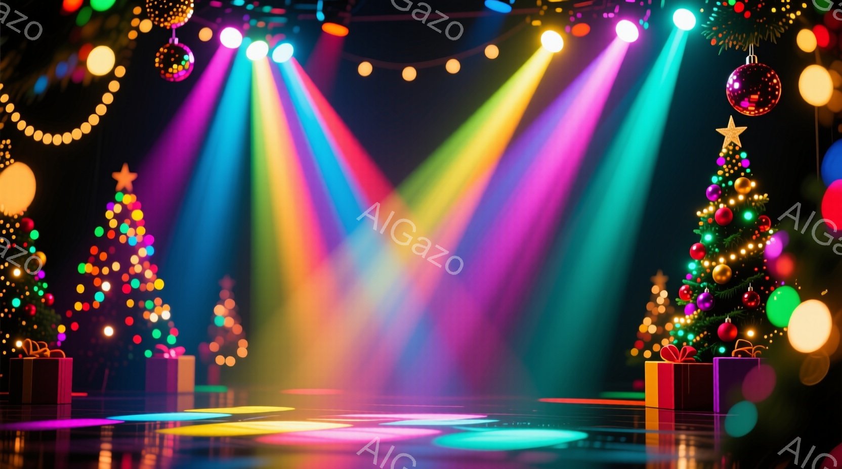 鮮やかな光線がフロアを照らし、クリスマスツリーやプレゼントボックスが配置されたパーティー会場の様子が描かれています。背景にはぼやけた装飾が多数見られ、華やかで夢のような雰囲気を醸し出しています。全体的にカラフルで、活気と喜びを感じさせるシーンです。