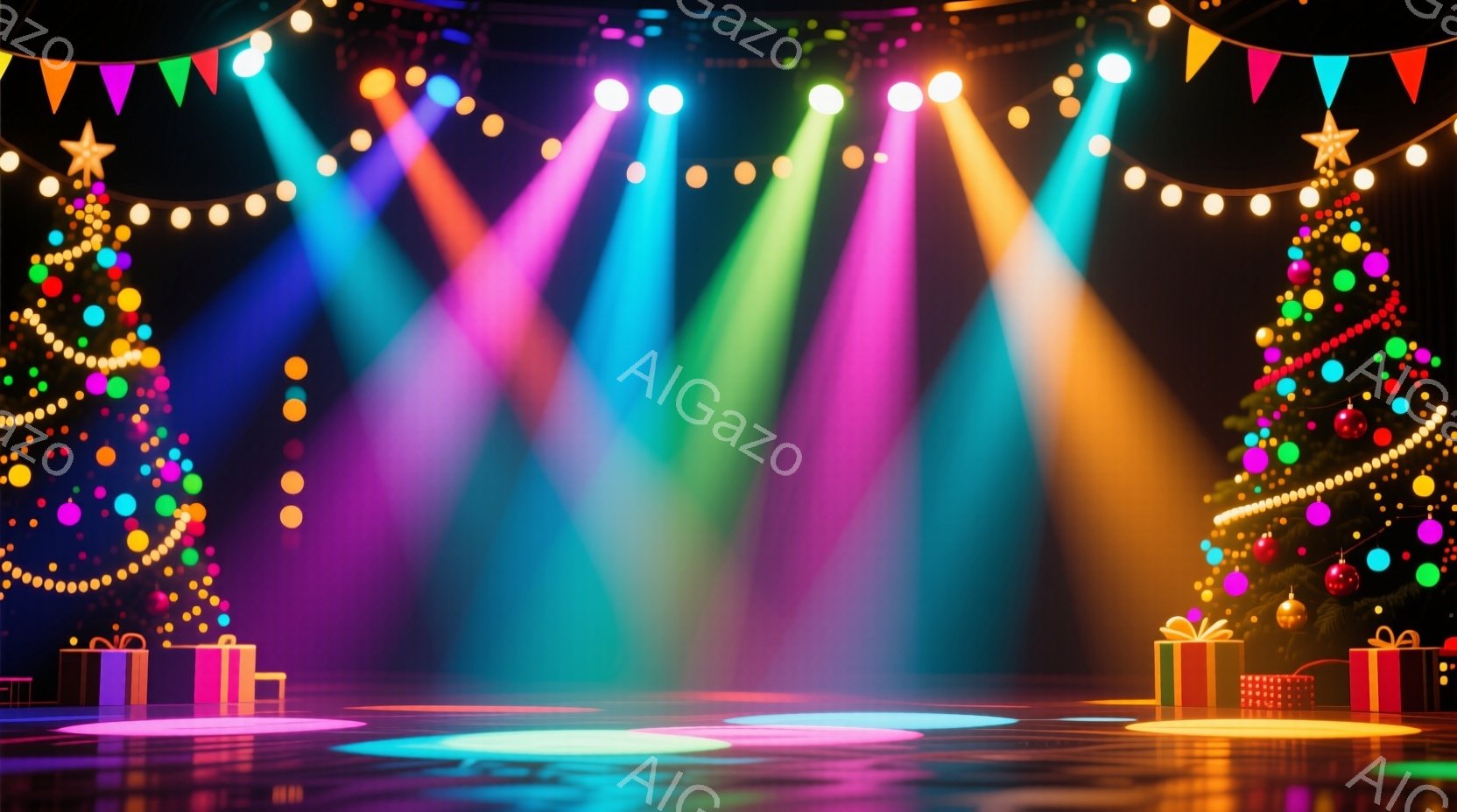 鮮やかなネオンカラーのスポットライトがステージ全体を照らし、反射する床面が幻想的な雰囲気を醸し出しています。左右にはクリスマスツリーが配置され、カラフルな装飾とプレゼントがクリスマスの喜びを表現しています。全体的に、華やかで祝祭的なコンサートやイベントのステージを想起させる、活気に満ちた光景です。