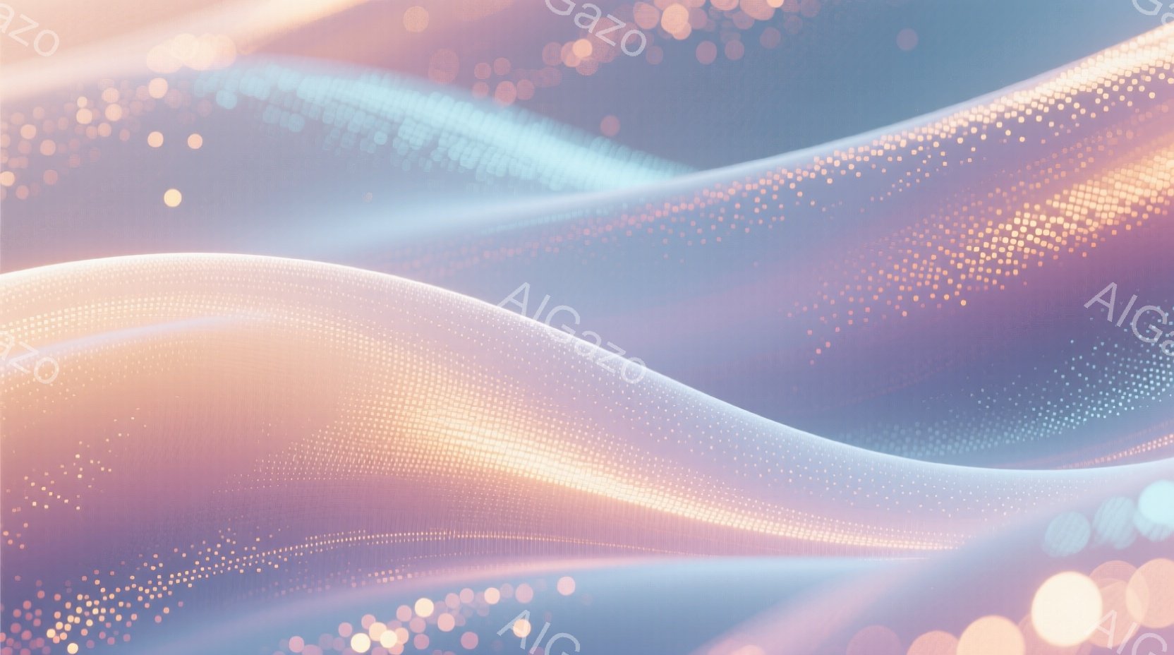 柔らかいピンク、紫、水色のグラデーションが流れる抽象的な背景画像です。光の粒子のようなものが全体に散りばめられ、幻想的で神秘的な雰囲気を醸し出しています。波打つ光の曲線が、優雅さと動きを感じさせます。