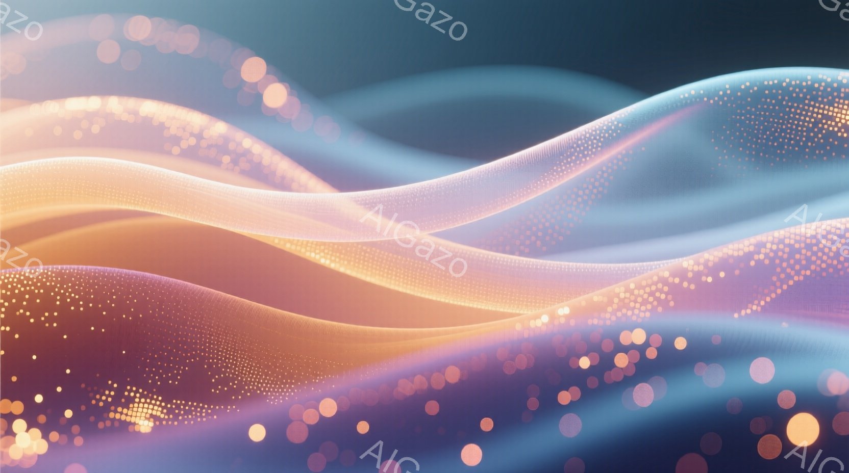 鮮やかなオレンジ、ピンク、水色の光の帯が重なり合い、流れるような抽象的な模様を描き出しています。光の帯は微細な粒子で覆われており、幻想的で夢幻的な雰囲気を醸し出しています。背景は暗く、光の帯が際立つようにデザインされています。