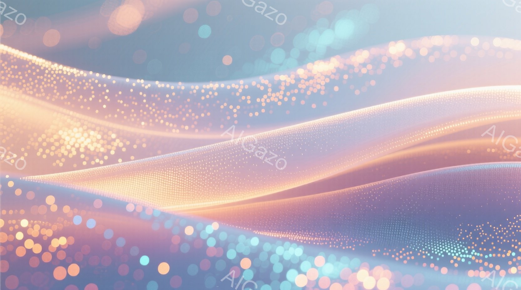 抽象的な背景画像で、流れるような曲線が複数、淡いオレンジ、紫、水色のグラデーションで表現されている。無数の小さな光の粒子が、曲線に沿って散りばめられ、幻想的で流動的な雰囲気を醸し出している。全体として、優雅で神秘的な印象を与えるデジタルアート作品である。