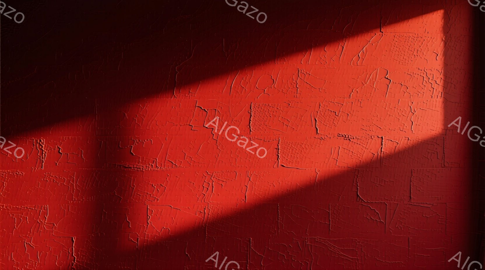 赤みがかった壁面が、強い光によって半分が照らされ、陰影がはっきりと表現されている。壁の表面は、ひび割れやテクスチャが強調され、古びた雰囲気や時間の経過を感じさせる。光と影のコントラストが、ドラマチックで力強い印象を与えている。