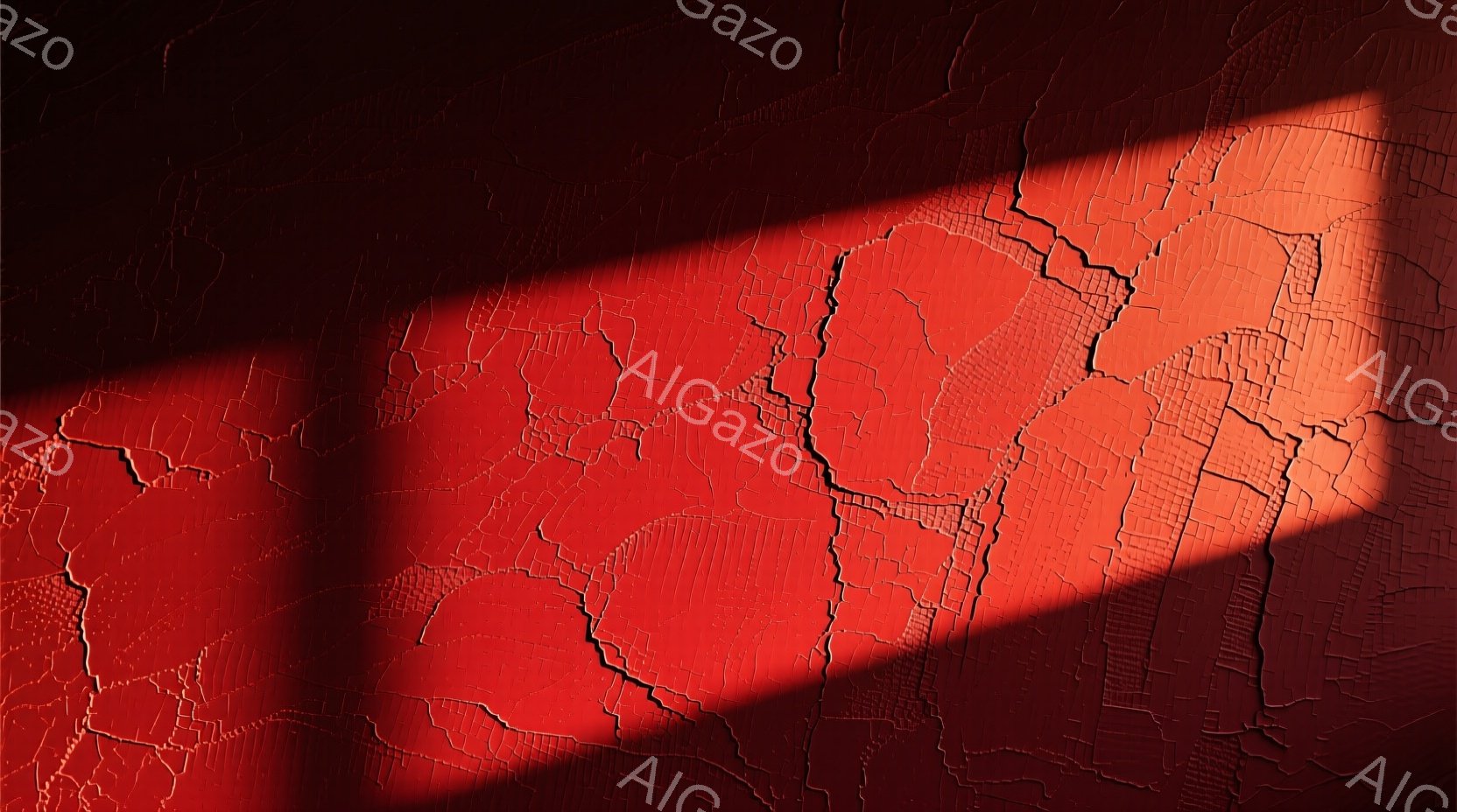 深い赤色の壁面に強い光が当たり、ひび割れが際立って見える。ひび割れは、まるで大地の割れ目や、古びた陶器の表面を思わせる。光と影のコントラストが、壁面のテクスチャと合わせて独特の雰囲気を醸し出している。