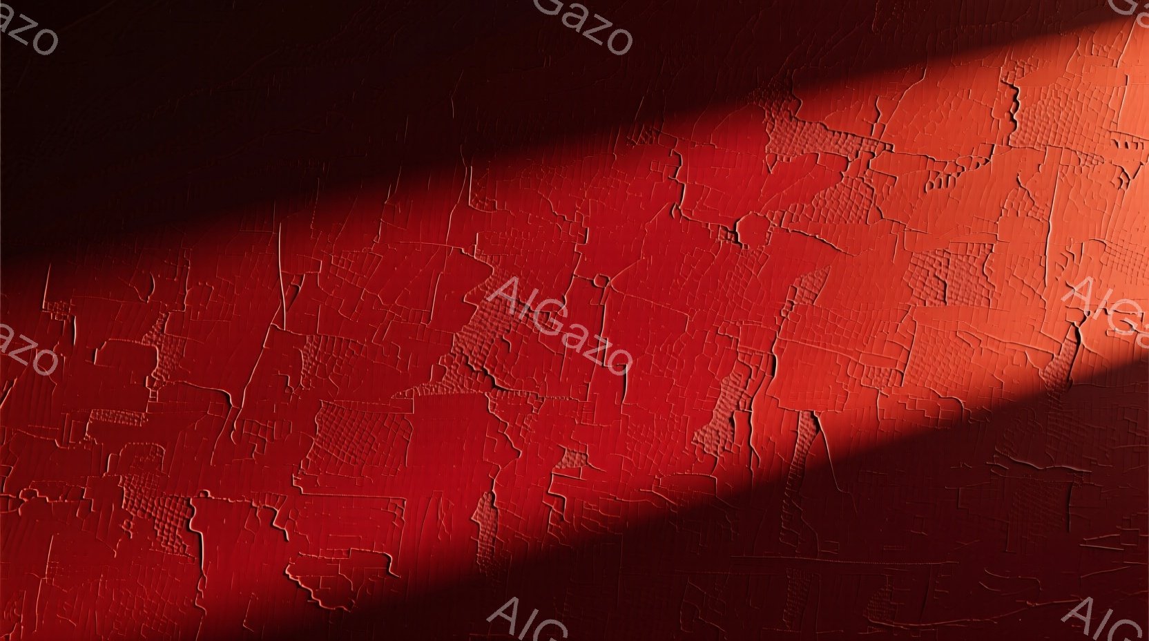 深い赤色の背景に、剥がれかけたペンキのようなテクスチャが広がっています。光が左上から差し込み、表面の凹凸を強調し、まるで壁の陰影が描かれているかのようです。全体的に重厚で、どこか古びた、陰影を帯びた雰囲気が漂っています。