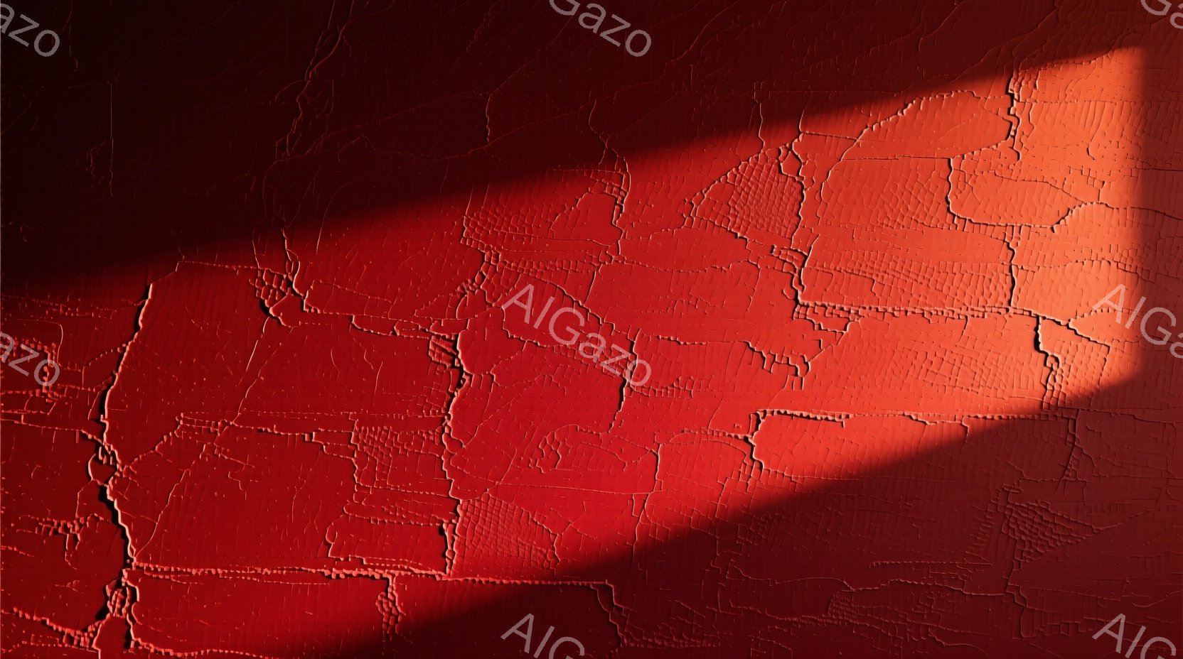 深い赤色の、ひび割れた壁のテクスチャが印象的な画像です。強い光が左上から差し込み、壁の凹凸を強調し、影を落としています。まるで古いレンガ造りの建物の壁や、風化した岩肌のような、重厚で退廃的な雰囲気を醸し出しています。