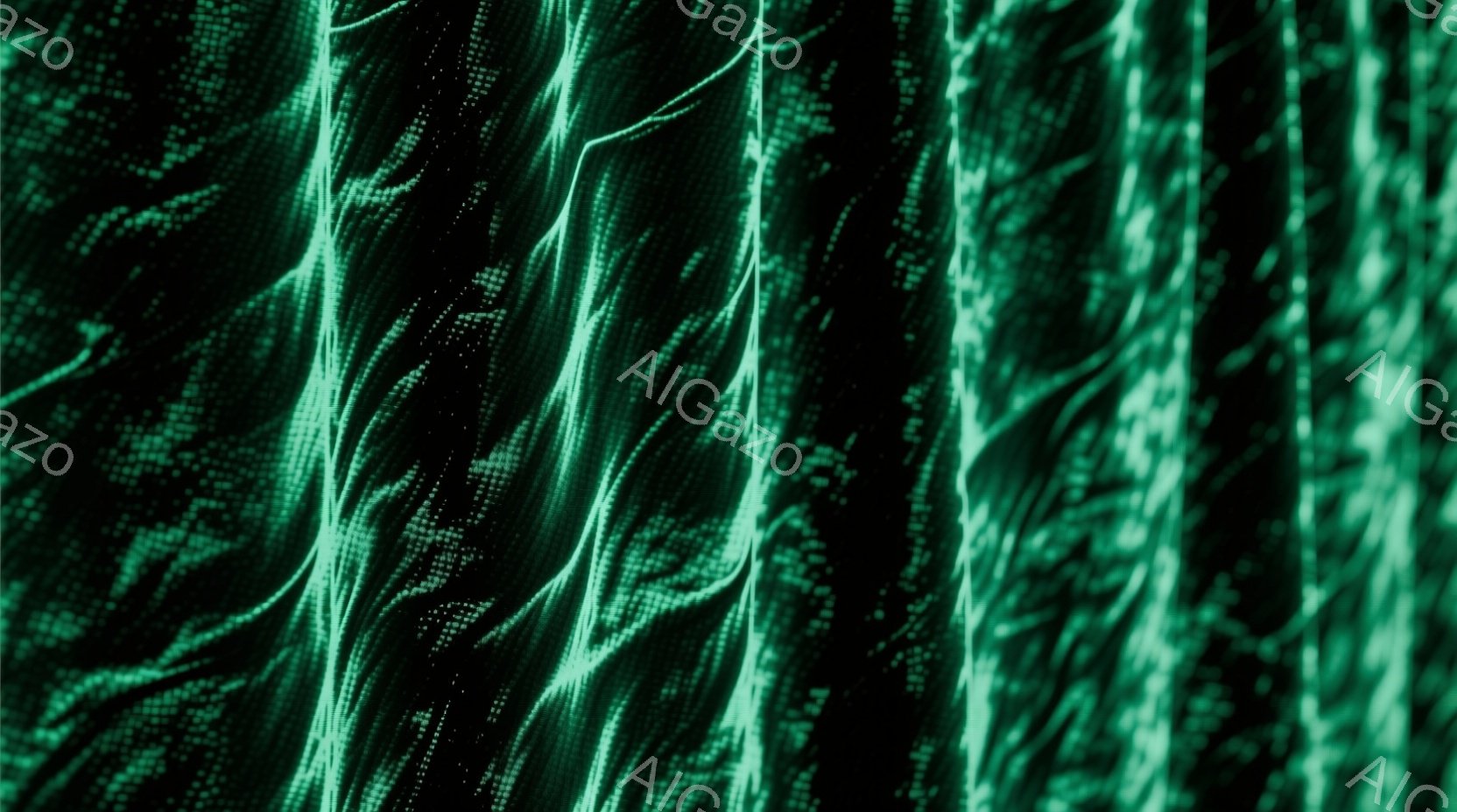 鮮やかな緑色の光の線が、暗い背景に複雑に絡み合って流れている様子が捉えられています。光の線はまるでデジタルなエネルギーの流れのようで、未来的な雰囲気を醸し出しています。背景は完全に黒く、光の線が際立ち、まるで深宇宙空間やデジタル世界の内部を覗き込んでいるような印象を与えます。