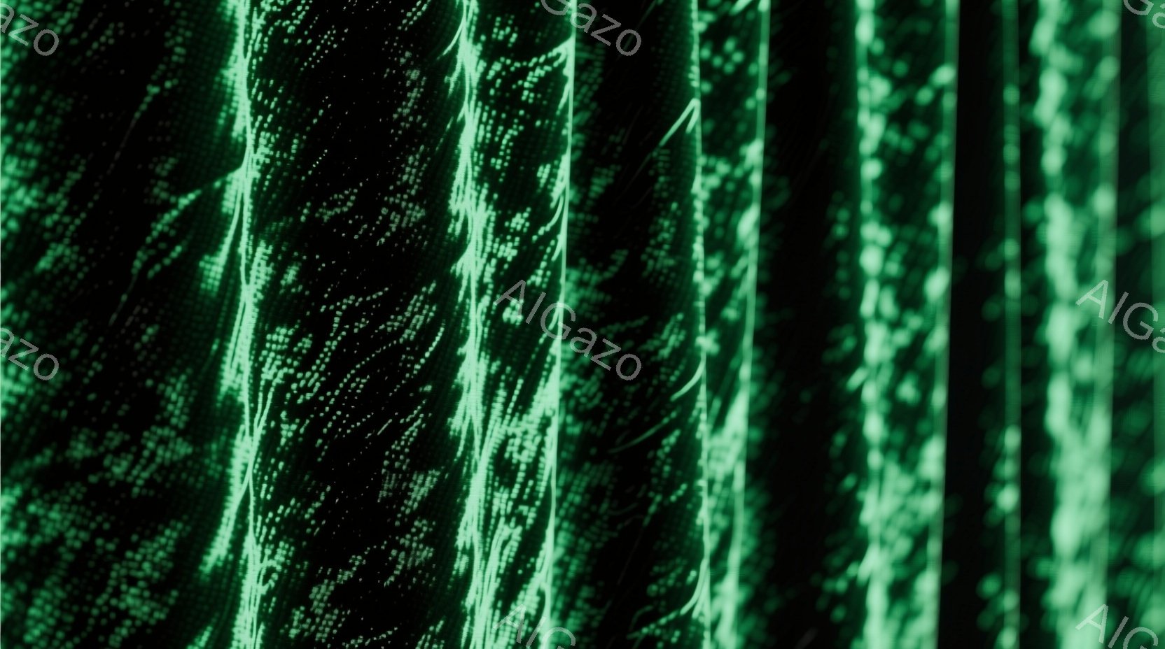 この画像は、緑色のストライプが連続して並んだ抽象的な表現で、テクスチャは複雑で、まるで有機的な模様や繊維のようである。背景は暗く、ストライプの緑色が際立っているため、ミステリアスで深みのある雰囲気を醸し出している。全体的に、静的でありながらも動きを感じさせる、視覚的に興味深い作品である。