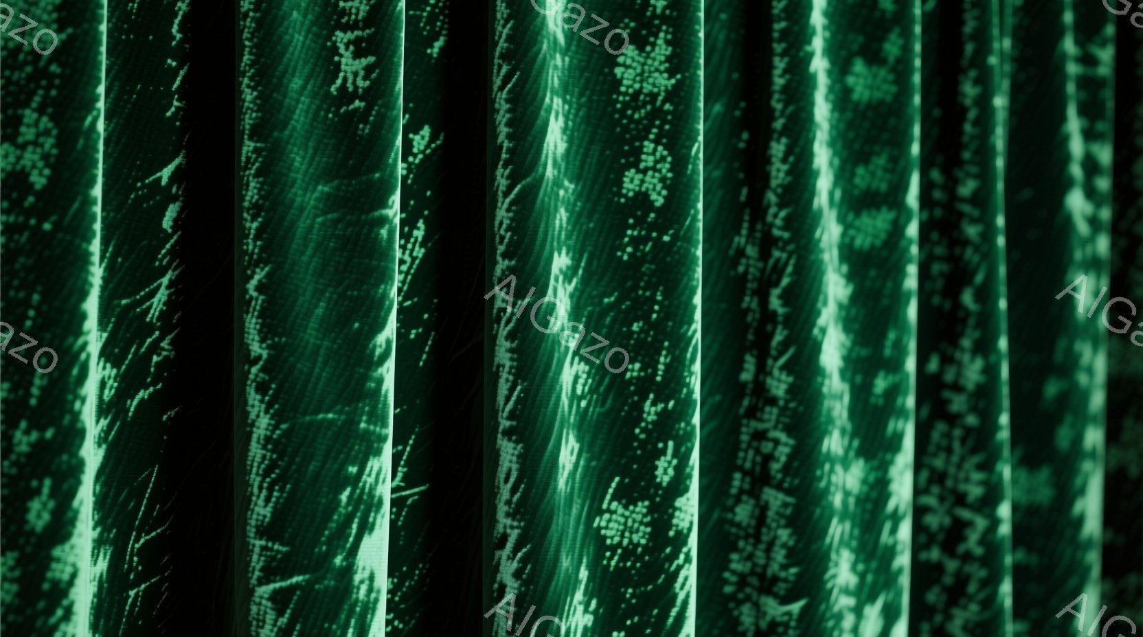 この画像は、緑色のドットで構成された縦長のストライプが繰り返し並んでいる抽象的な表現です。光の粒子が散りばめられたようなテクスチャが、少しノイズがかった独特の雰囲気を醸し出しています。背景は暗く、ストライプの緑色が際立って、まるでデジタル空間や未来的な風景を連想させます。