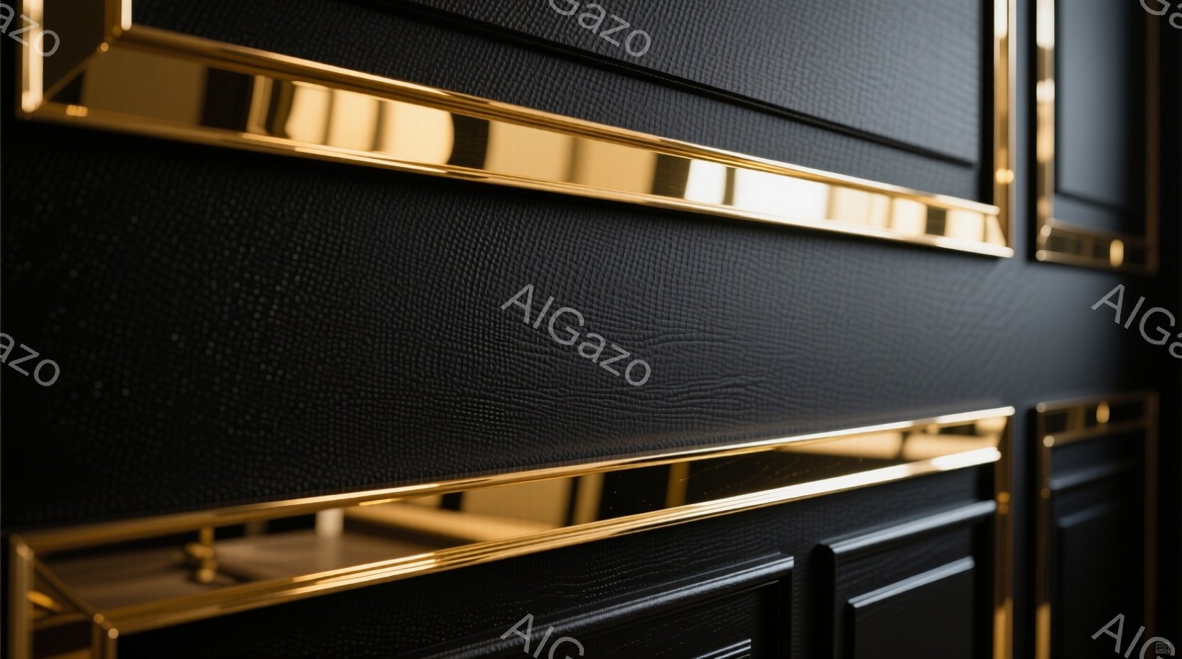 画像は、黒色の革のような質感の表面に金色の金属製の縁取りが施された壁またはキャビネットの一部を捉えています。金色の縁取りは、表面に奥行きと高級感を与え、光沢のある反射で目を引きます。全体的に、洗練された、モダンで、高貴な雰囲気のインテリアデザインの一部であると思われます。