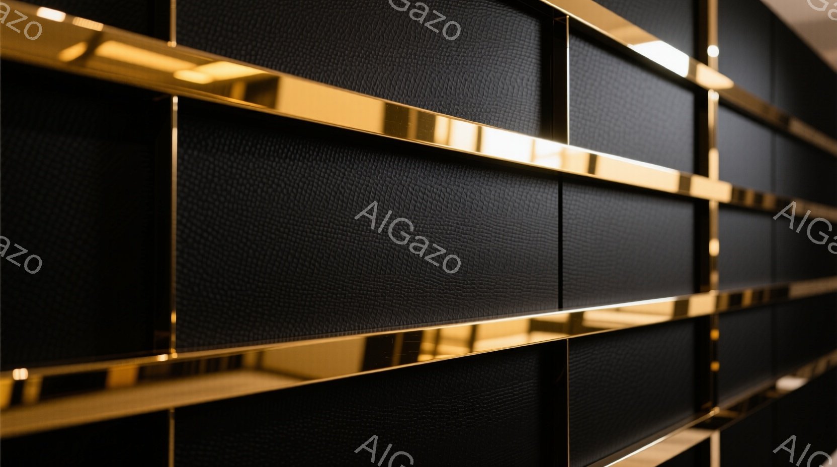 画像は、黒い革のようなテクスチャのパネルが規則的に並んだ壁面の一部を捉えています。金色の金属製の細いフレームがパネルの間を隔てており、高級感とモダンな雰囲気を醸し出しています。光沢のある表面と影のコン - AI生成フリー素材