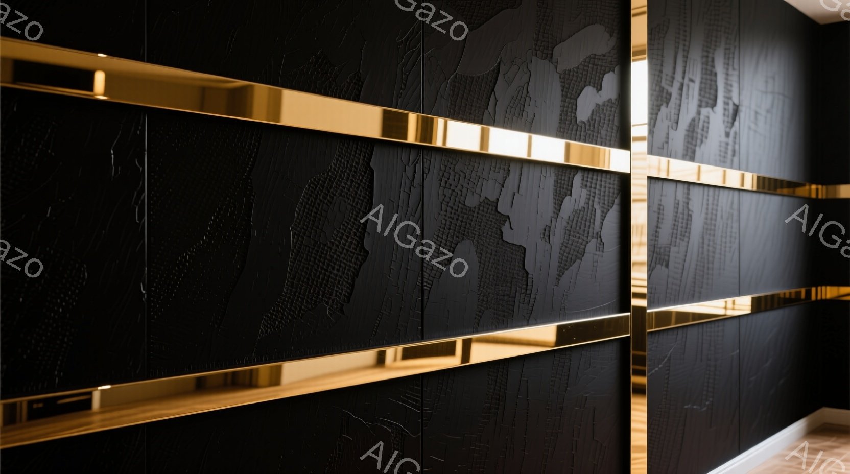 漆黒の壁面が印象的な画像です。壁には縦方向に金色の帯が走り、立体的な凹凸が影を作り出しています。全体的に落ち着いた雰囲気で、モダンで洗練された空間を想起させます。