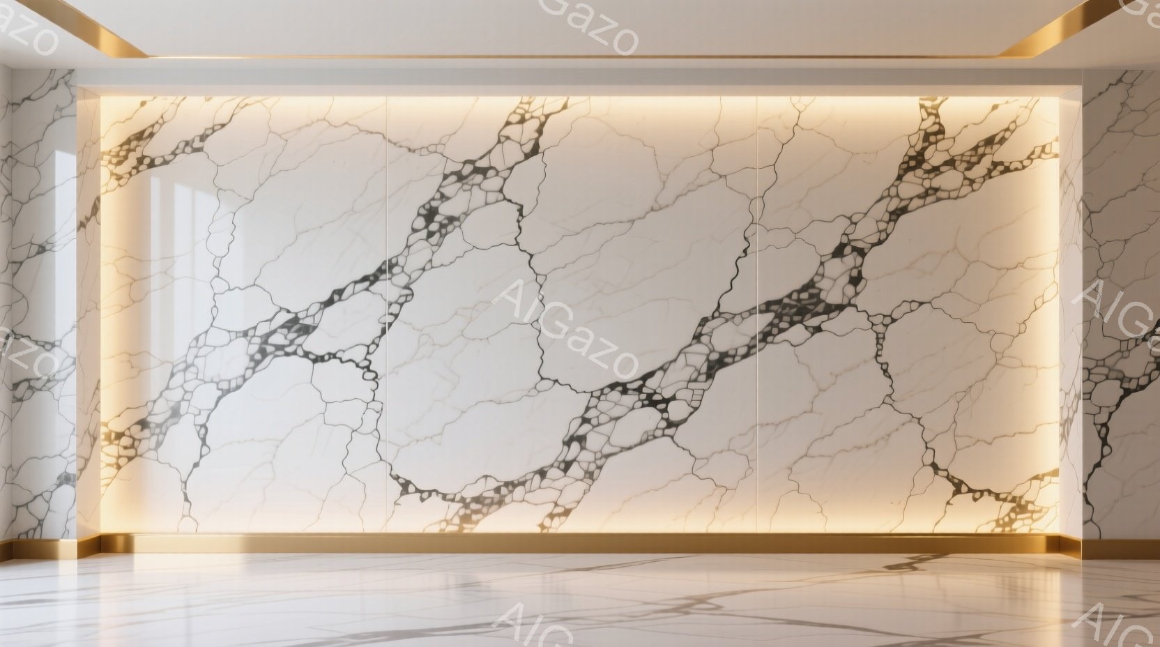 白を基調とした、大理石模様の壁が印象的な空間です。壁の背後には間接照明が設置されており、柔らかな光が壁全体を照らし出しています。床も白く、壁と一体化したような清潔感のある空間を作り出しています。