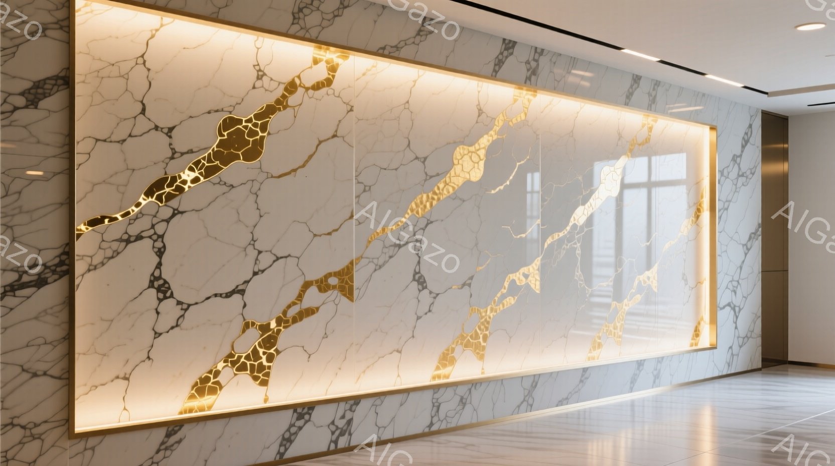 白い大理石調の壁一面に、金色のひび割れ模様が描かれた装飾が施されている。壁の周囲は金色のフレームで囲まれ、背景にはぼんやりと窓の外の建物が見え、現代的で高級感のある空間を演出している。床は光沢のある白いタイルで、全体的に明るく洗練された印象を与える。