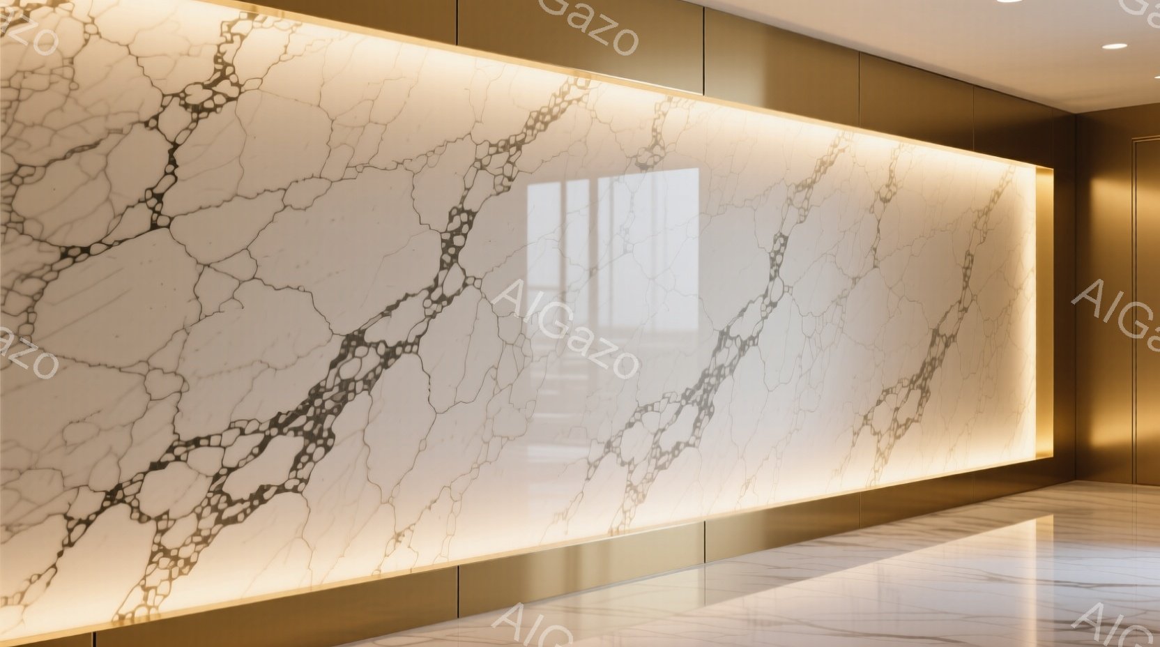 画像は、明るい大理石の壁面と、光沢のある床が印象的な廊下の様子です。壁面は大理石の模様が特徴的で、背景には柔らかな光が灯り、高級感と落ち着いた雰囲気を醸し出しています。床は大理石で、その反射が空間全体に明るさを加え、モダンで洗練された印象を与えます。