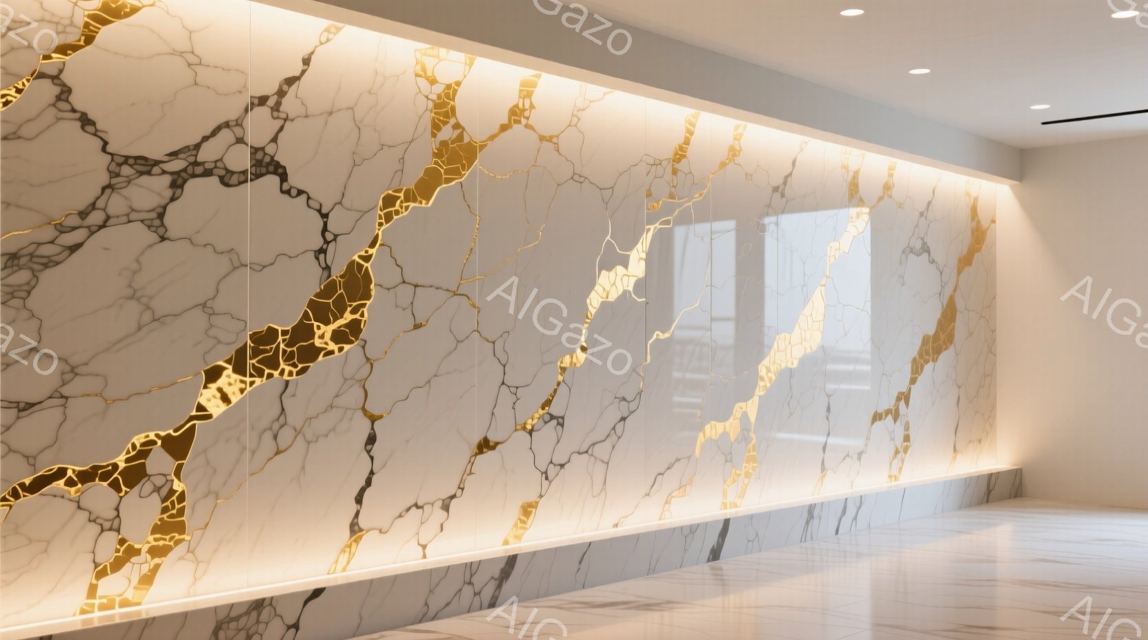 白い大理石の壁に金色の線が走っており、まるでひび割れが金で修復されたかのような美しい模様を作り出しています。床と壁は光沢があり、モダンで高級感のある空間を演出しています。壁に沿って配置された柔らかな照明が、壁のテクスチャを強調し、落ち着いた雰囲気を醸し出しています。