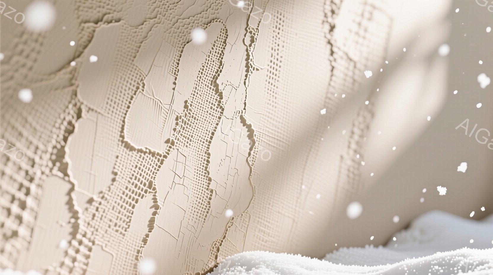 この画像は、複雑なテクスチャのベージュ色の生地の一部を捉えており、幾何学的なパターンと、細かい線とドットが織り込まれたデザインが特徴的です。背景はぼやけており、光の当たり方から、この生地が何かの服の一部である可能性が示唆されます。全体的に、抽象的でミニマルな雰囲気で、生地の質感とデザインに焦点が当てられています。