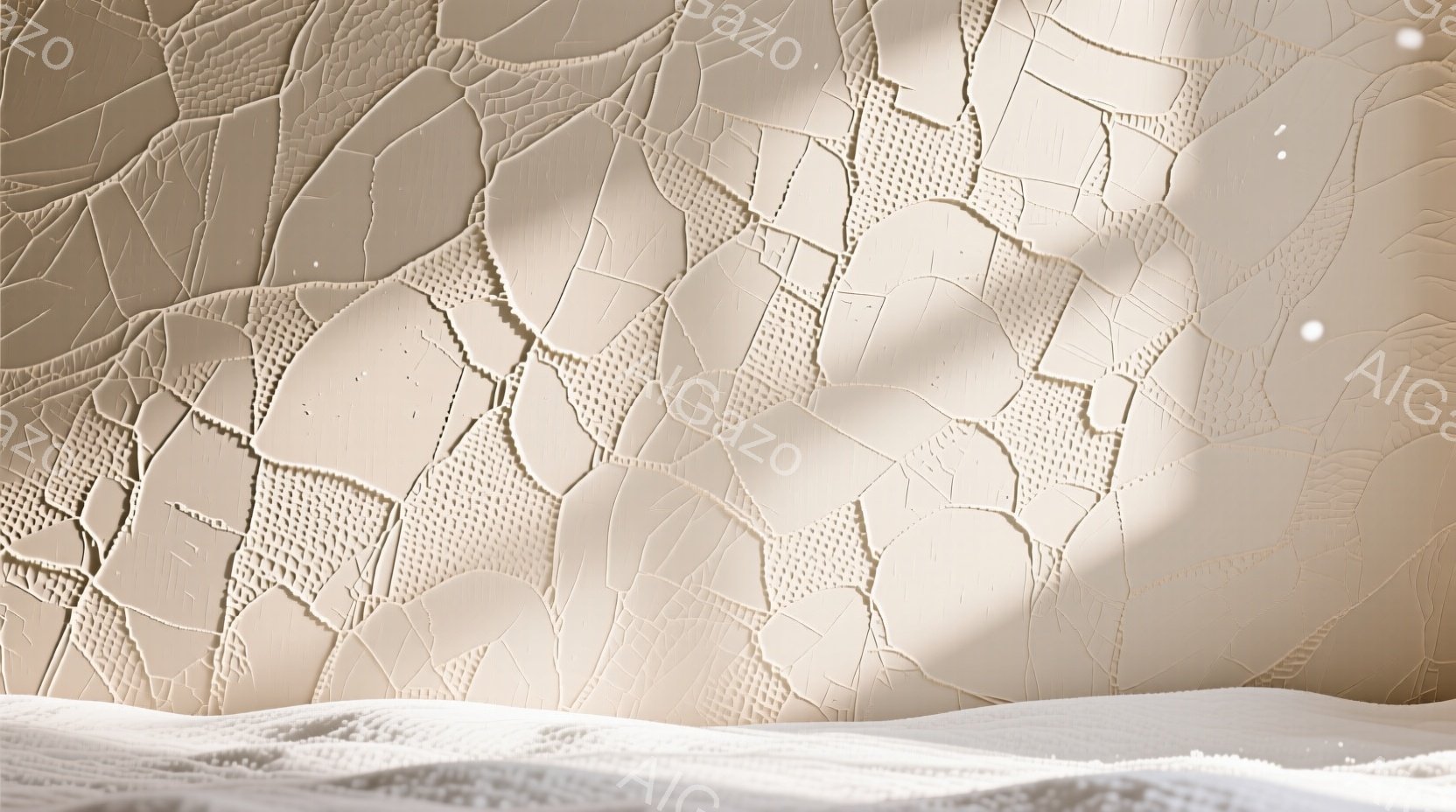 画像は、浅いテクスチャの白い背景に、波打つような白い砂のような表面が描かれている。背景は、複雑に割れたような模様が施された、立体的な壁面のように見える。全体的に明るく、落ち着いた雰囲気が漂い、砂漠やビーチを連想させる。