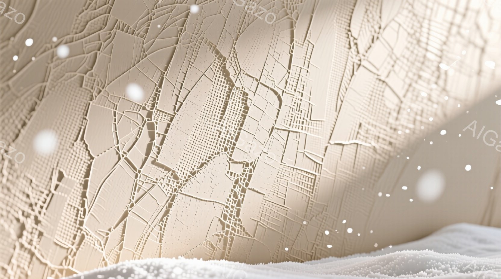 画像は雪の上に横たわる人物の胸と肩の部分を捉えています。人物はベージュ色のセーターを着ており、雪が舞い散る冬の風景が背景に広がっています。セーターには、都市の地図のような模様が施されており、雪の白さとセーターの色合いが静かで穏やかな雰囲気を醸し出しています。