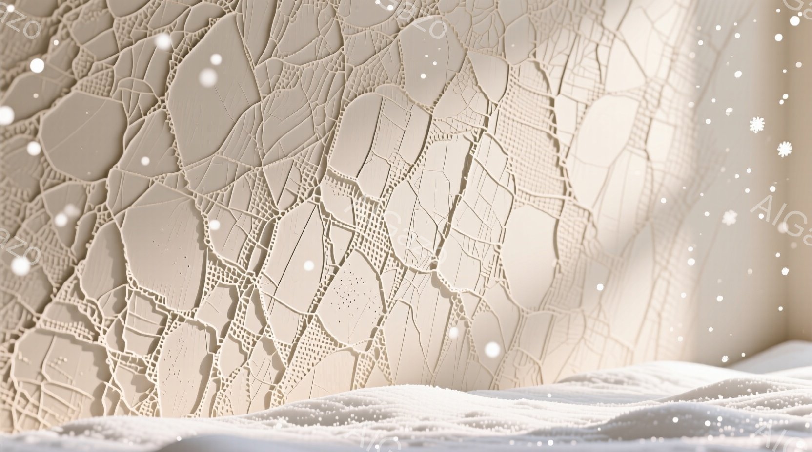 画像は、複雑な模様が施された白い衣装の一部を捉えており、まるで氷の結晶や花弁を連想させる繊細なデザインが印象的です。背景はぼやけていますが、雪が舞い、全体的に幻想的で冷たい冬の雰囲気を醸し出しています。衣装の素材感は軽く、風になびきそうな印象を与えます。