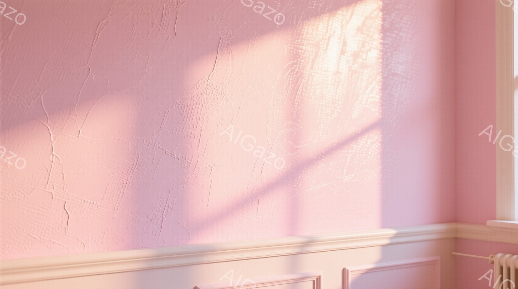 柔らかいピンク色の壁が印象的な室内風景です。壁には模様が施されており、窓から差し込む光が影を作り出しています。白く装飾された壁下部と、わずかに見える窓枠や暖房器具が、優雅で穏やかな雰囲気を醸し出しています。