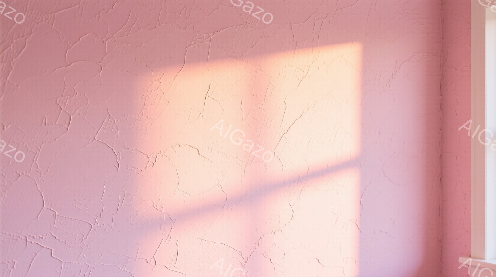 鮮やかなピンク色の壁面が写真全体を占めている。壁はテクスチャがあり、ひび割れや凹凸が目立つ。右端には窓枠の一部が見え、光が差し込み、壁に長方形の影を落としている。