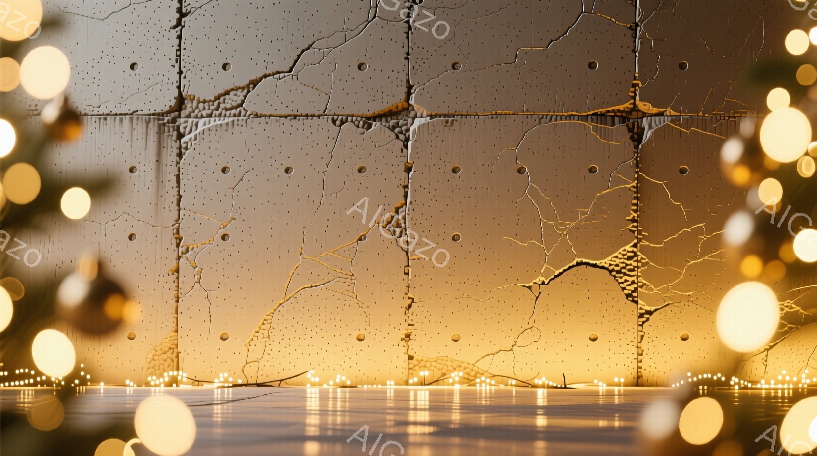 割れたコンクリートの壁が背景に広がり、割れ目からオレンジ色の光が漏れています。画面下部には反射面があり、点在する光が水面に反射しているように見えます。全体的に暖色系の光が支配しており、どこか退廃的でありながらも幻想的な雰囲気を醸し出しています。