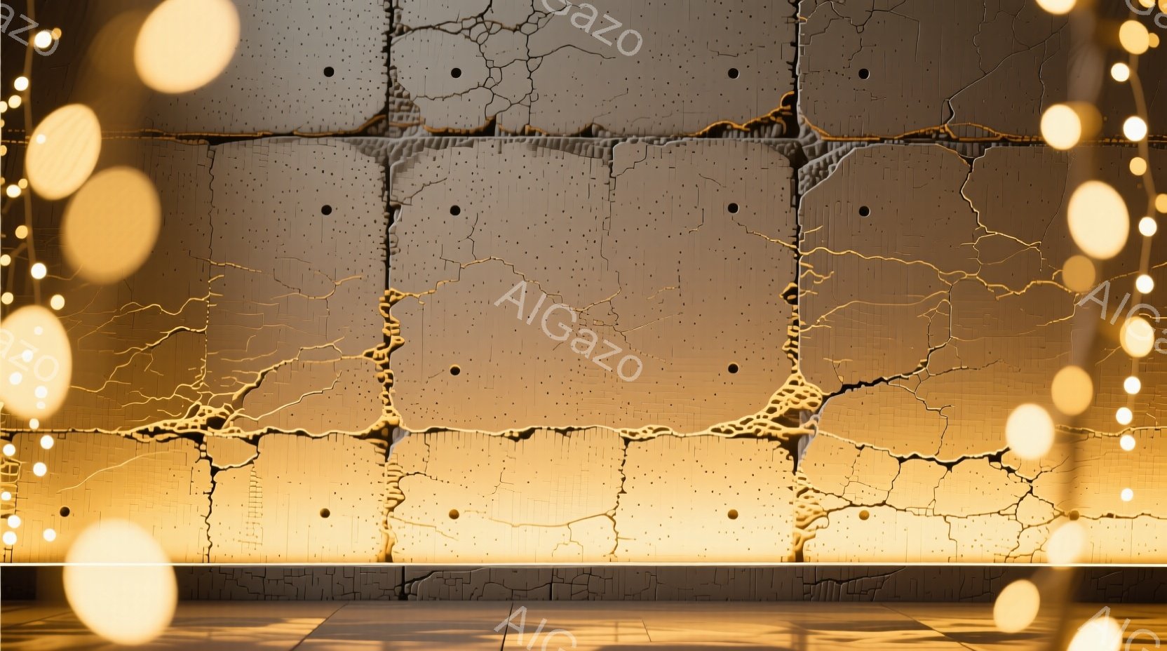 画像は、ひび割れたコンクリート壁を背景に、明るい黄色の電球が連なる様子を捉えています。壁は金属製のボルトで固定されており、全体的に無機質で荒廃した雰囲気を醸し出しています。暖色の光が壁に反射し、わずかに幻想的で、どこか寂しげな空間を演出しています。