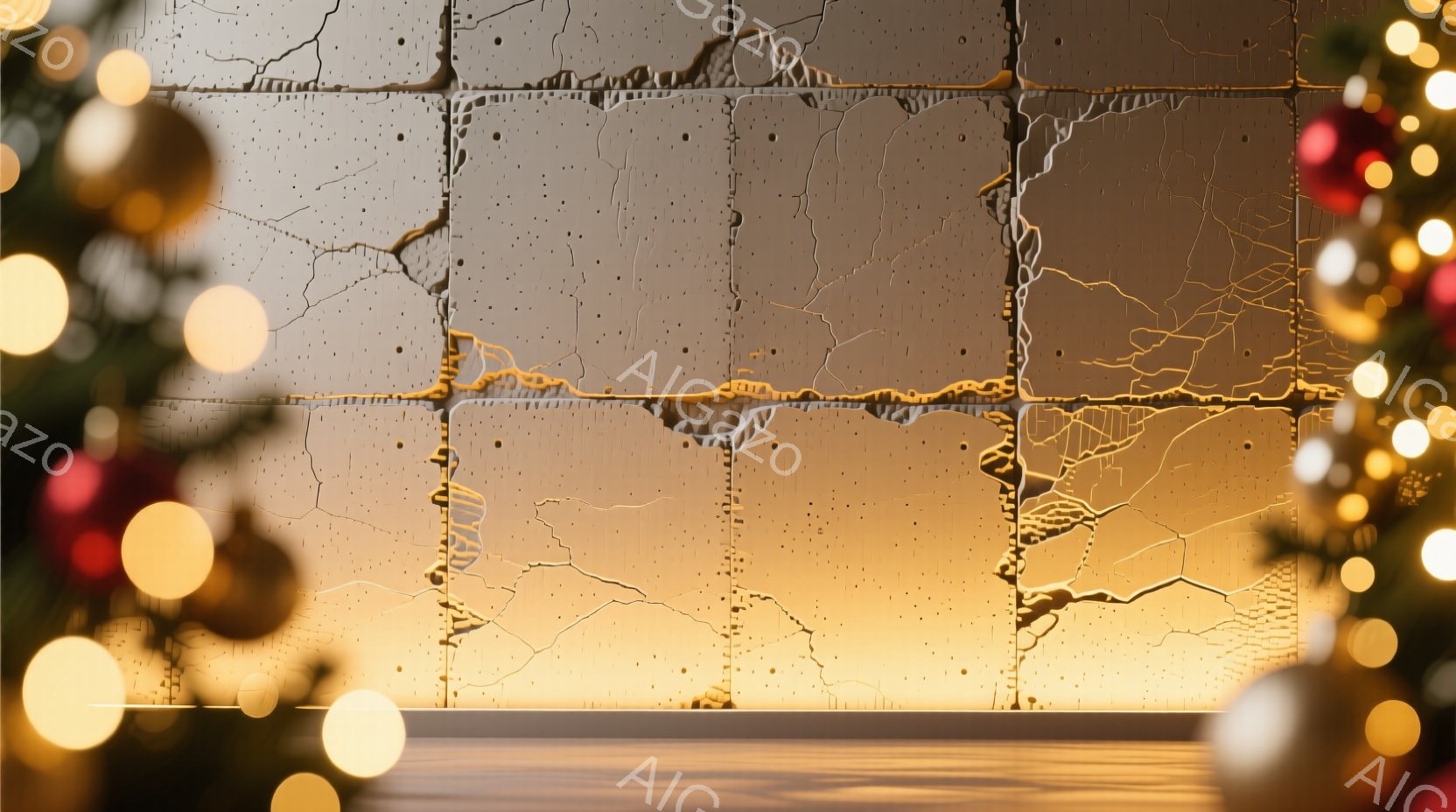 画像は、割れた壁のテクスチャが印象的な抽象的な表現で、金色の光が壁のひび割れを際立たせています。下部には穏やかな水面が広がっており、光が反射してキラキラと輝いています。全体的に、神秘的で静謐な雰囲気を - AI生成フリー素材