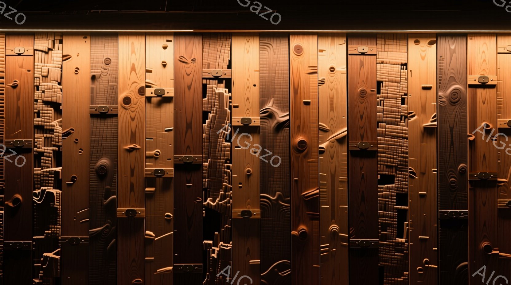 この画像は、彫刻のような木製の壁面です。人物のシルエットが左右対称に彫り込まれており、まるで古代のレリーフのようです。暖色系の照明によって、木材の質感が強調され、荘厳かつ神秘的な雰囲気が漂っています。