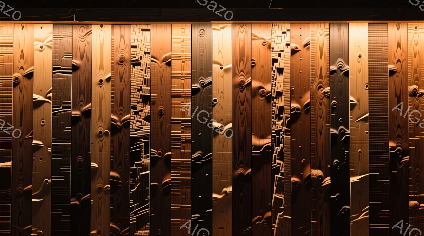 彫刻のような茶色の人物像が縦に並んでおり、それぞれが独特の表情と髪型をしている。顔はやや抽象的で、彫刻的な陰影が強く、それぞれの個性を際立たせている。背景は暗く、これらの人物像が浮かび上がっており、どこか神秘的で芸術的な雰囲気を醸し出している。