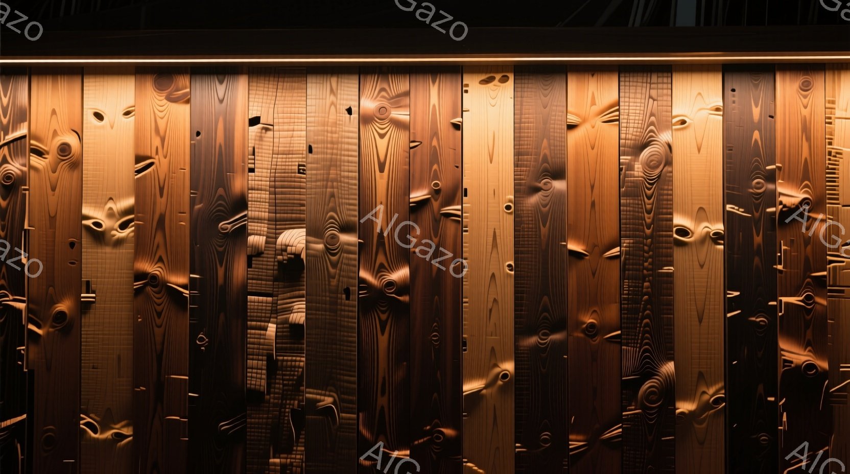 この画像は、彫刻のような木製のパネルが縦に並んだ壁面の詳細を示しています。各パネルは人のシルエットを模した複雑な曲線と彫刻が施され、全体的に暖色系の照明によって照らされています。背景は暗く、木製のテクスチャと彫刻が際立ち、落ち着いた芸術的な雰囲気を醸し出しています。