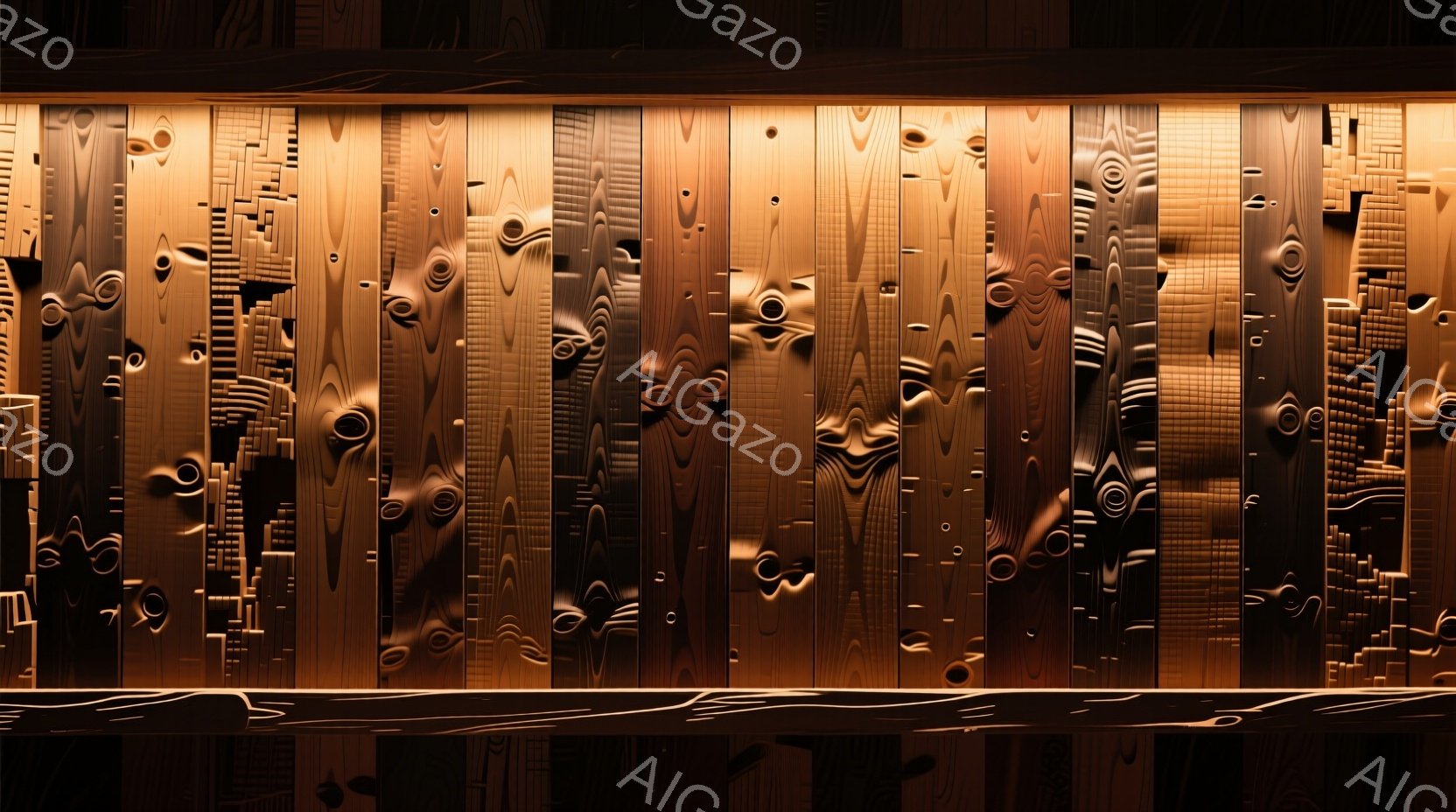 この画像は、彫刻のようなレリーフが並んだ壁面です。各レリーフは人物の顔を模しており、様々な表情や髪型、服装が施されていますが、全体的に抽象的で、木彫りのような質感があります。背景は暗く、壁面の浮き彫りが光によって強調され、神秘的で重厚な雰囲気を醸し出しています。