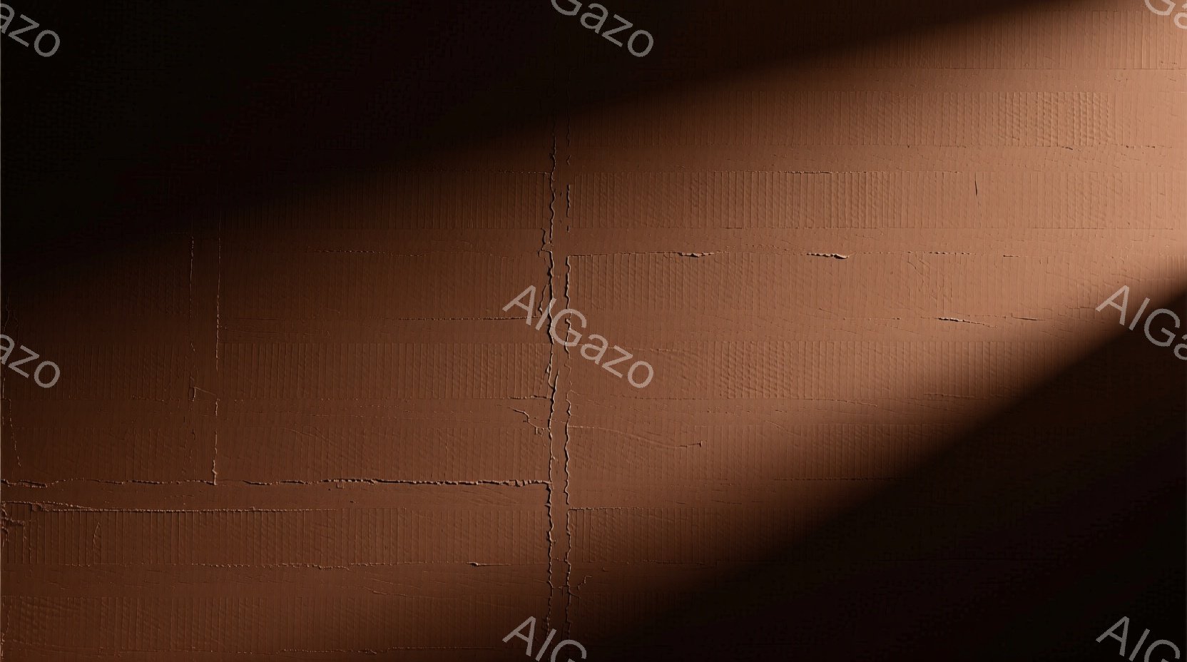 均一な赤茶色の壁が画面を覆っており、左側に影が強く差し込んでいる。壁には細かいひび割れや、タイル張りのような凹凸が見られ、テクスチャが強調されている。影と壁のコントラストが、静かで落ち着いた雰囲気を生 - AI生成フリー素材