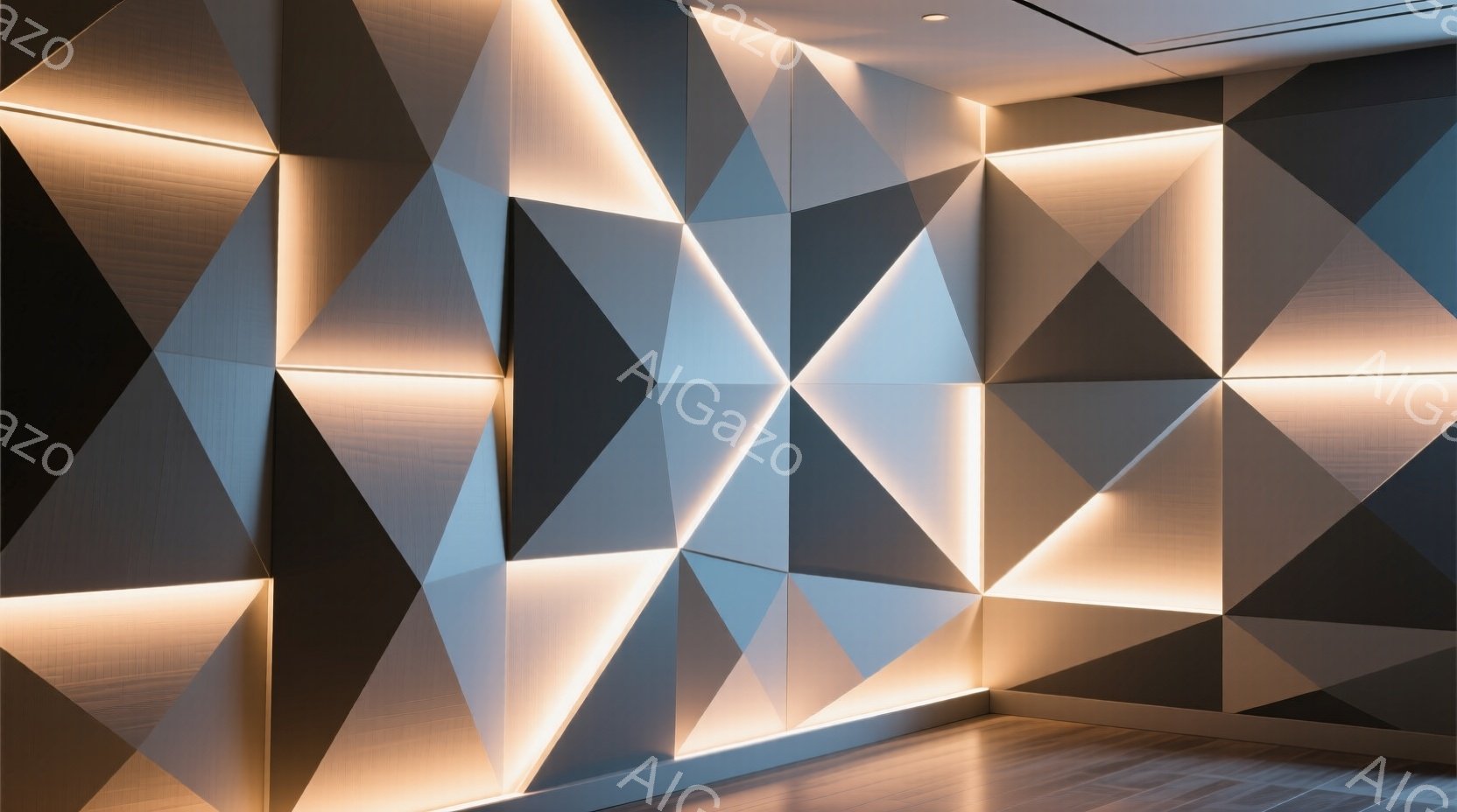 幾何学的な三角形のパネルが壁一面に配置され、間接照明によって立体感が強調されている。パネルはグレー、白、金属色で構成され、モダンで洗練された雰囲気を醸し出している。床は木目調で、壁のクールな印象とバランスを保っている。