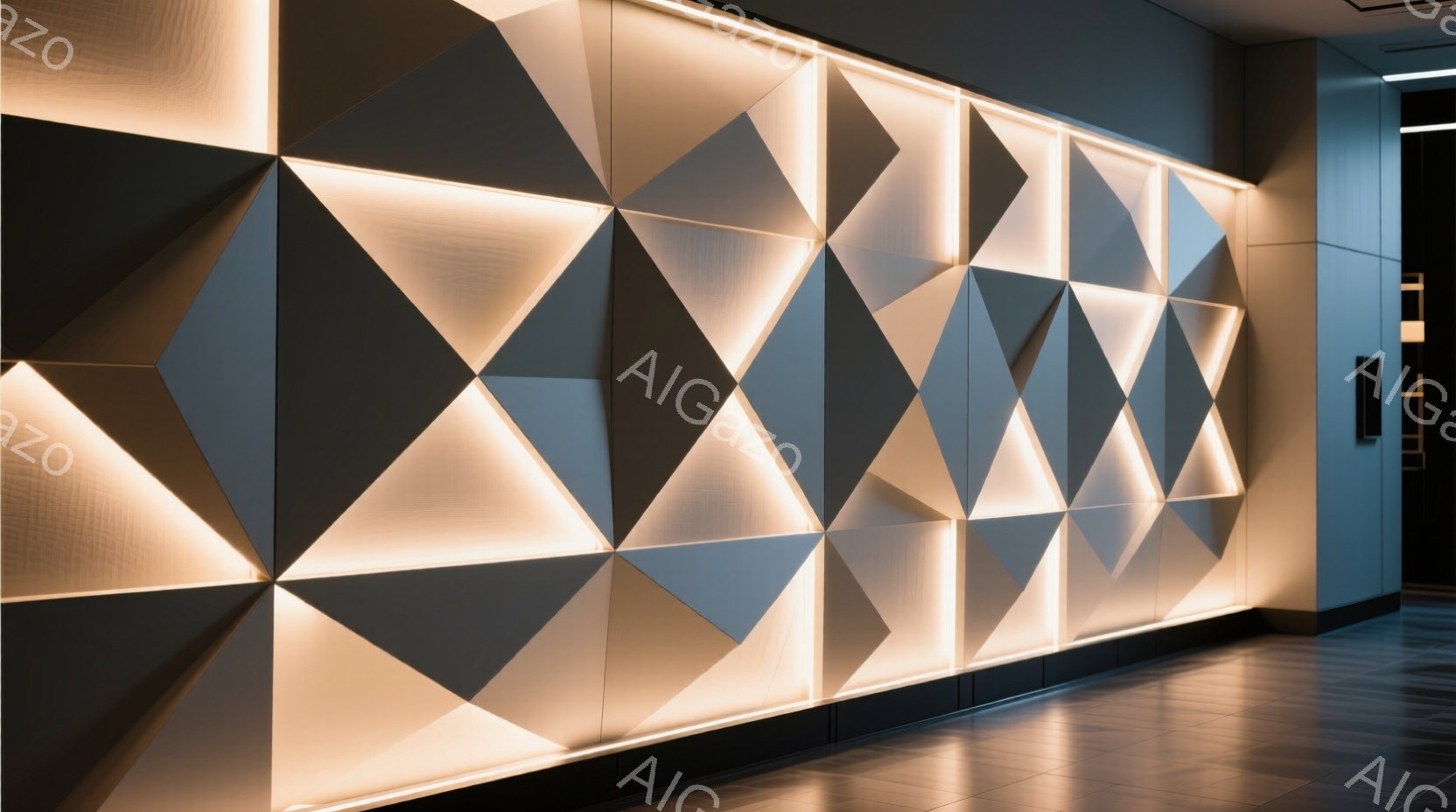 この画像は、三角形のパネルが規則的に配置された壁面を捉えています。明るい光が三角形の隙間から漏れ出し、モダンで幾何学的な雰囲気を醸し出しています。床は光沢のあるタイルで覆われ、壁面の複雑なデザインと対照をなしています。