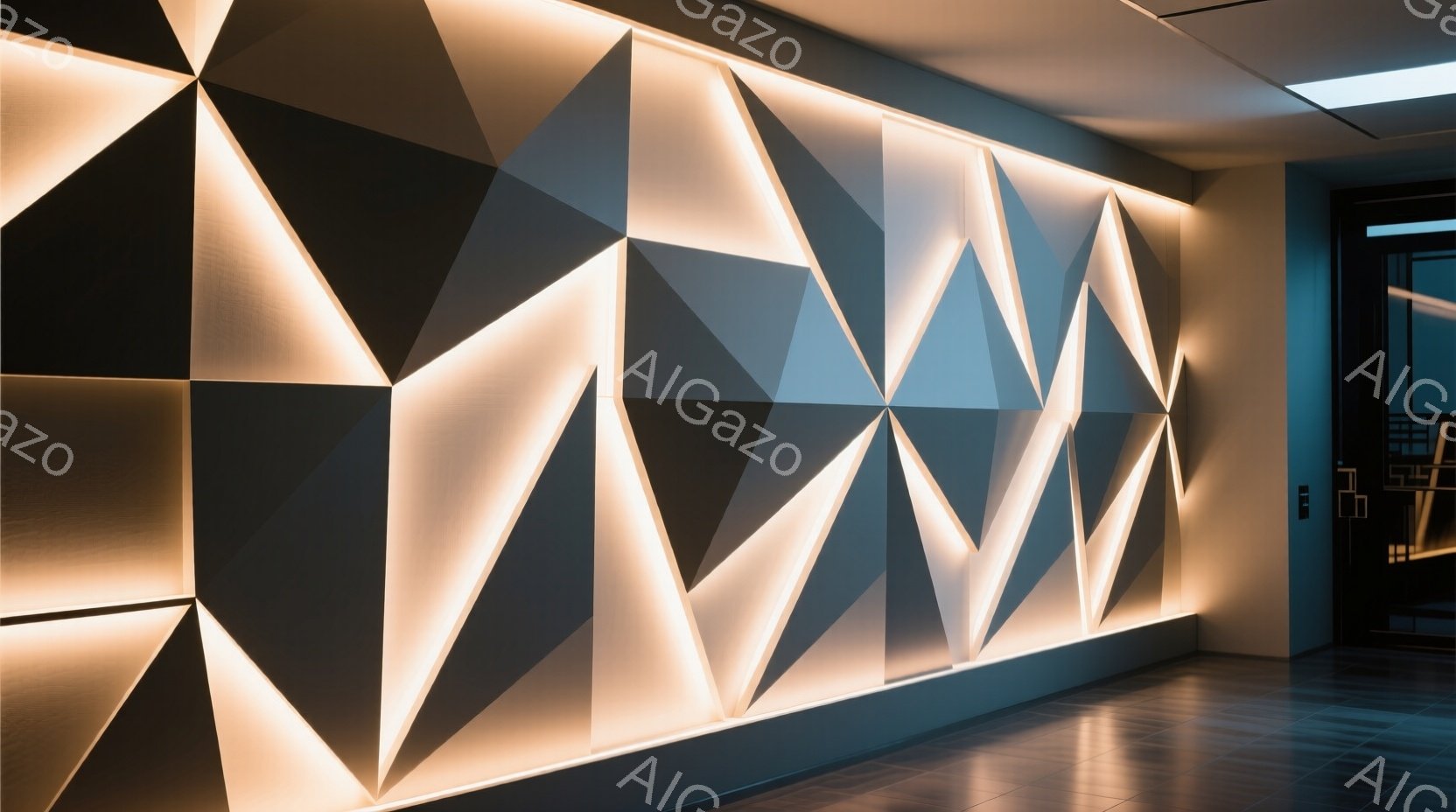 この画像は、幾何学的な三角形のパネルで構成された壁面の詳細を示しています。パネルは白、グレー、黒の色調で、照明によって立体的な陰影が強調されています。床は光沢のあるタイルで、壁面のモダンなデザインと調 - AI生成フリー素材
