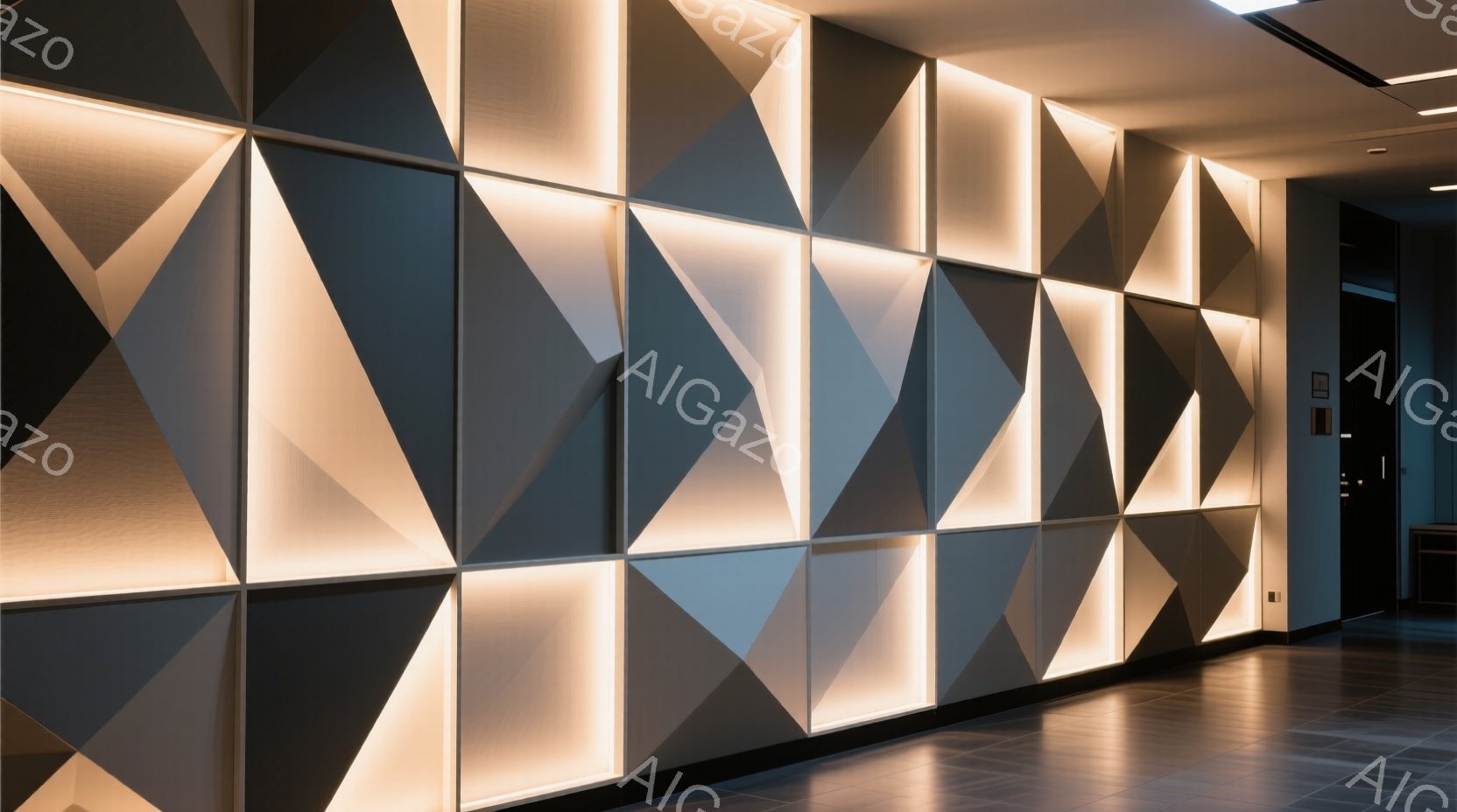 この画像は、幾何学的な三角形のパネルが並んだ壁を捉えています。パネルは、光が背後から照らされ、立体的な陰影を作り出しており、モダンで洗練された雰囲気です。床は光沢のあるタイルで、壁の光を反射し、空間全 - AI生成フリー素材