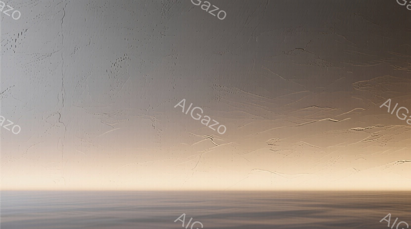 この画像は、なだらかな砂丘が広がる風景を描いています。地平線はぼやけており、全体的に淡いベージュと茶色の色調で統一され、静かで穏やかな雰囲気を醸し出しています。起伏のある地形は、まるで彫刻のような陰影を持ち、自然の造形美が際立っています。