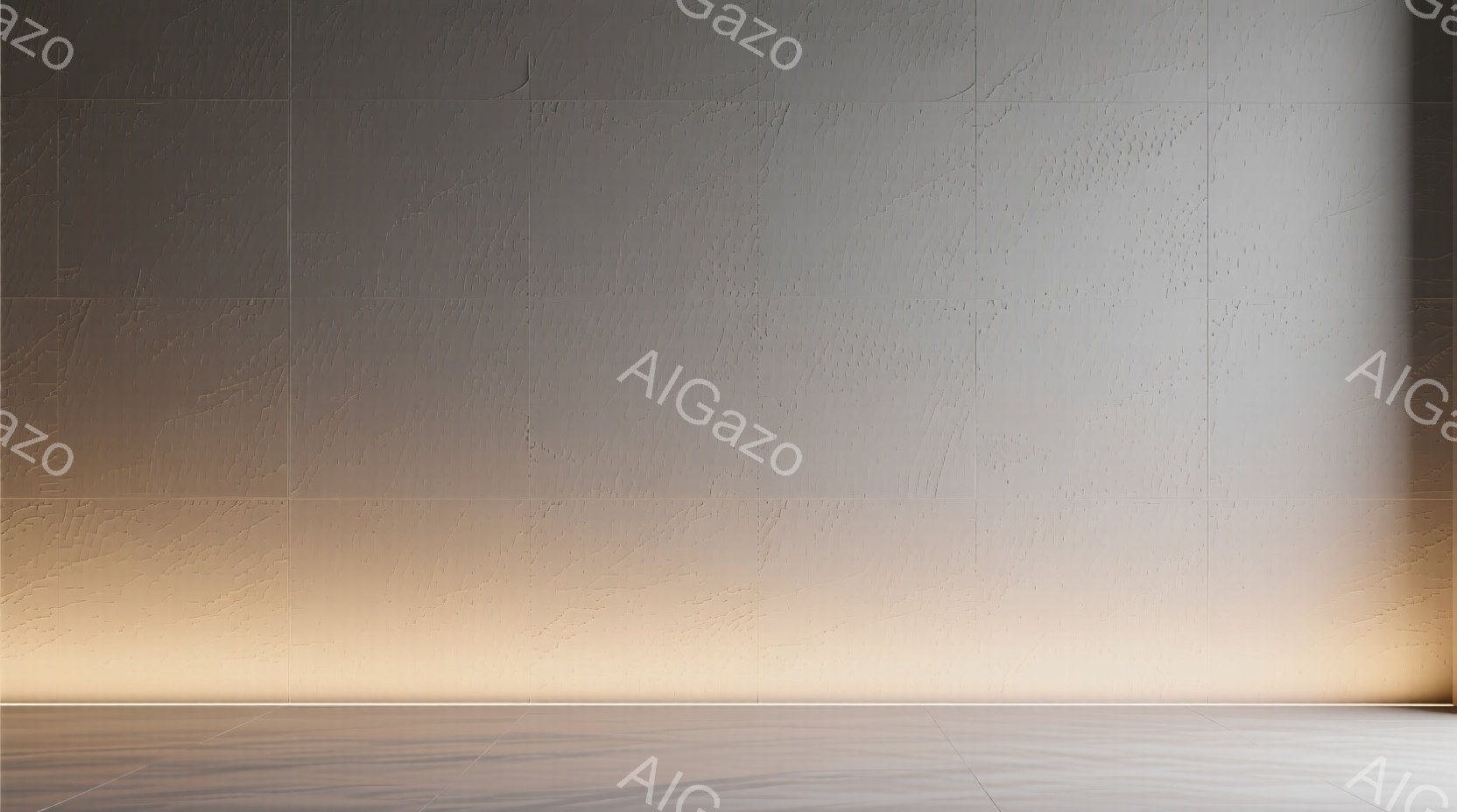 灰色の壁と床で構成された、ミニマルで抽象的な空間が描かれている。壁は細かいテクスチャを持ち、下部に向かって徐々に明るい色合いに変化している。床面は光沢があり、壁からの影が薄く映り込んでいるため、静かで瞑想的な雰囲気が漂っている。