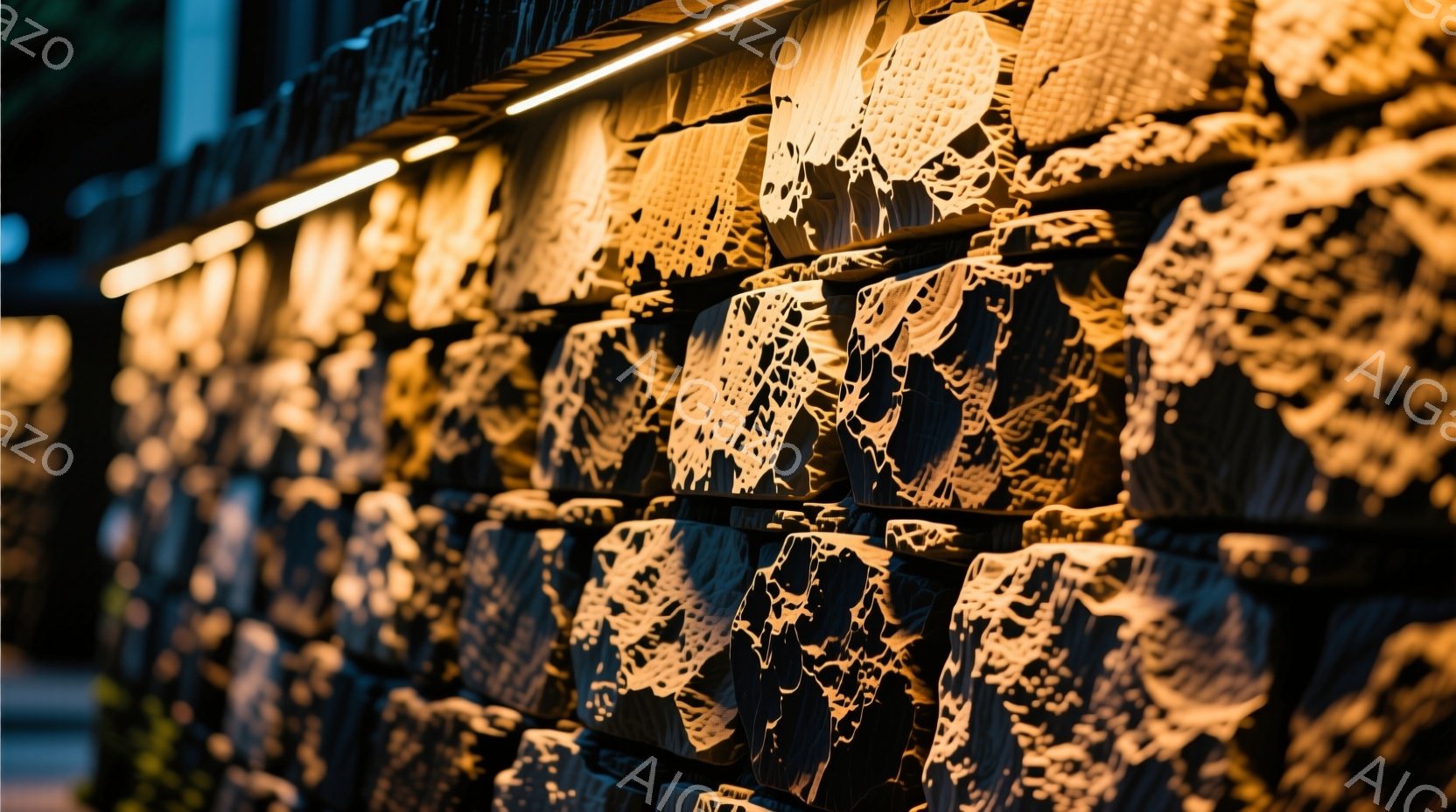 複数の靴が規則的に並べられており、上から暖かい光が照らされている様子が捉えられている。靴は暗い色調で、独特の模様が刻まれており、まるで彫刻作品のように見える。背景は暗く、靴のシルエットと光のコントラストが際立ち、近未来的な雰囲気を醸し出している。