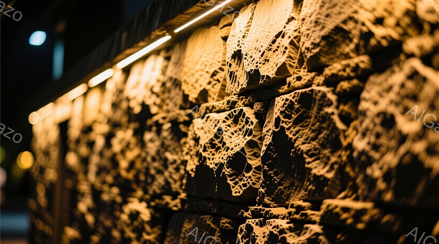 暗闇の中に、複雑な模様が壁に投影された様子が捉えられています。光のパターンは、まるで繊細なレース編みのように見え、壁の粗い質感と対照的です。背景にはぼんやりとした街灯が見え、全体的に幻想的でミステリアスな雰囲気を醸し出しています。