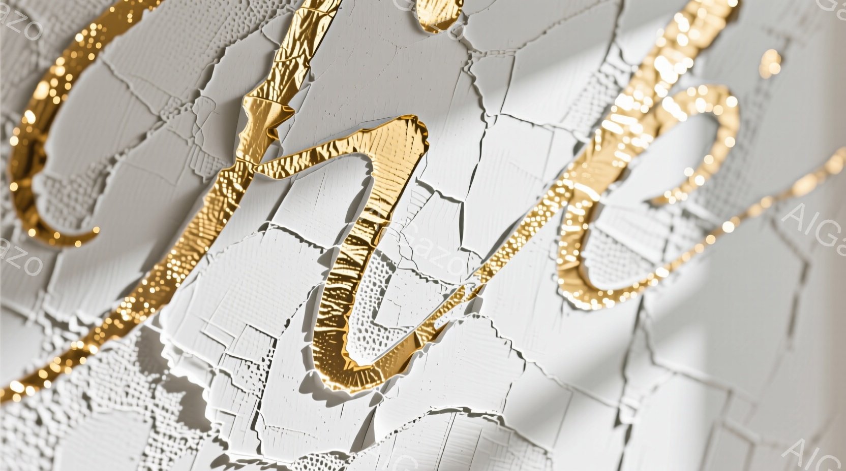 鮮やかな黄金色の装飾が、ひび割れた白い表面に浮かび上がっている。装飾は、波打つような曲線と鋭角的な線が組み合わさり、複雑な模様を形成しており、まるで古代の遺跡の断片のようだ。背景は均一な白で、装飾の立体感と質感を強調している。