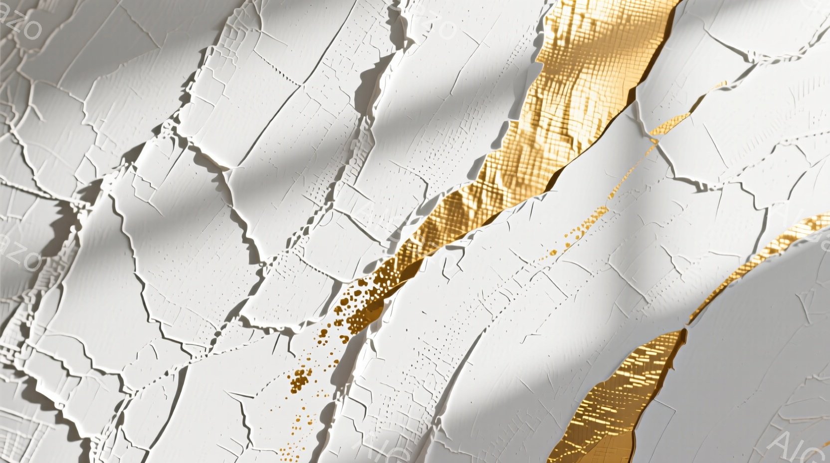 白を基調としたテクスチャが特徴的な画像です。表面はひび割れや凹凸があり、まるで石膏や乾燥した泥のような質感です。右側には金色に輝く細かい網目状の模様が走り、ひび割れた白と鮮やかなコントラストをなしています。