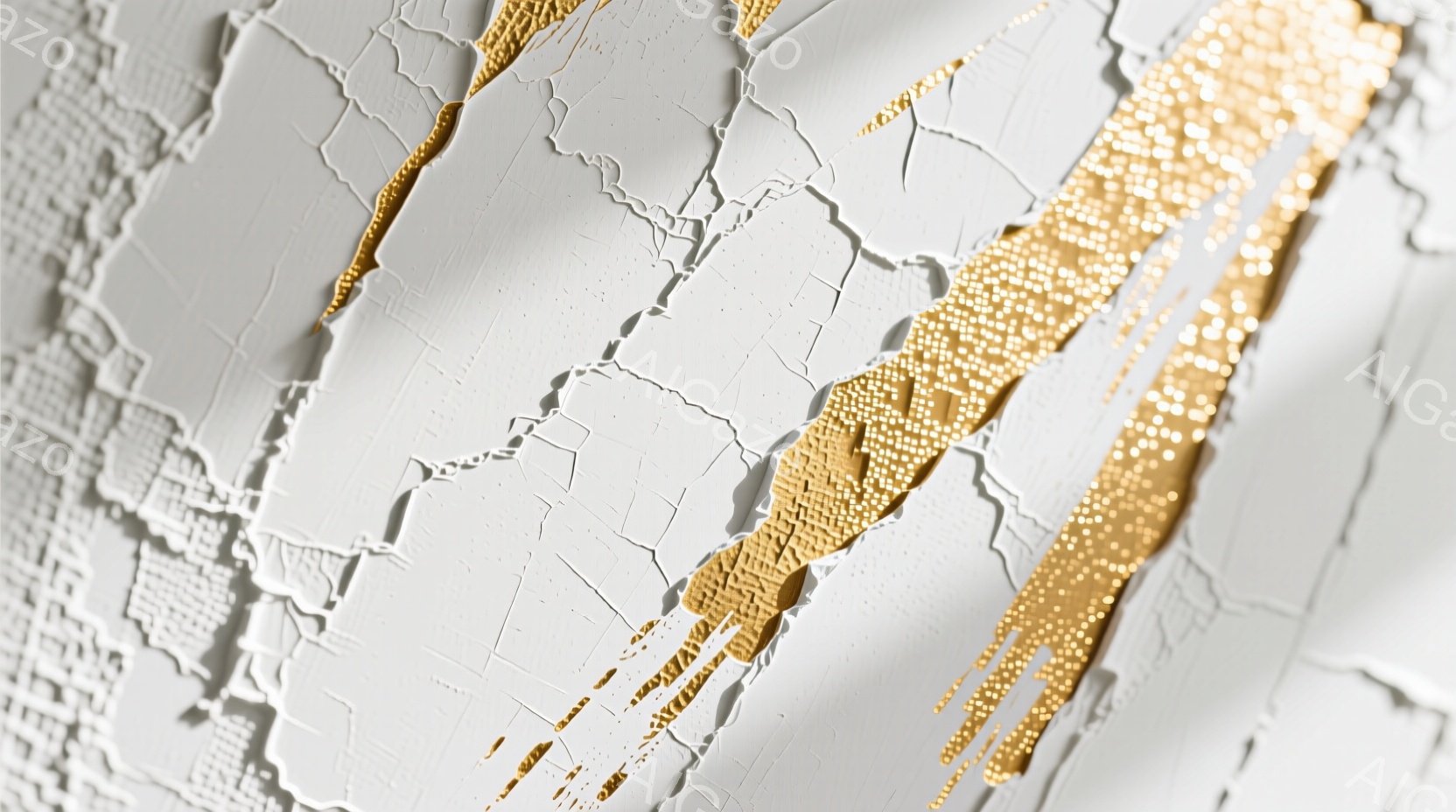 白いテクスチャードな背景に、金色のビーズのような装飾が不規則に走っている様子が捉えられています。背景はひび割れや剥がれを表現したような凹凸があり、まるで古い壁画のような印象を与えます。金色の装飾は、そ - AI生成フリー素材