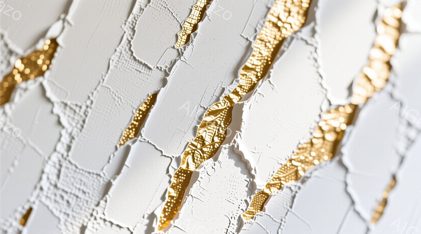 割れた白い表面に金色の装飾が施されたクローズアップ写真です。表面は粗く、まるでひび割れた壁や古い石膏のようです。金色の装飾は不規則に配置され、ひび割れに沿って流れ、鮮やかなコントラストを生み出しています。