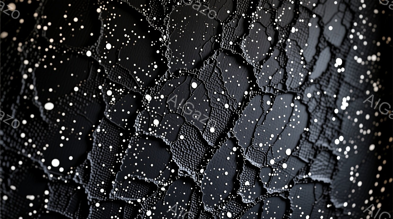 画像は黒い背景に、白い小さな点々が散りばめられた、荒々しい質感の表面を捉えている。表面はまるでひび割れた大地や、夜空の星々を連想させるような、不規則な模様で構成されている。全体的に暗く、神秘的で、どこか無機質な雰囲気が漂う。