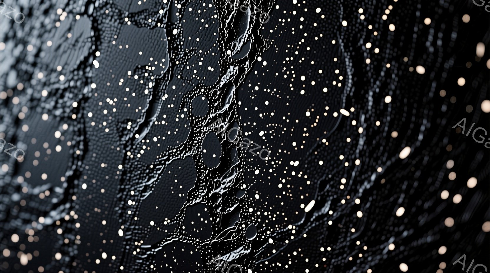 この画像は、雨粒で覆われた窓越しに見えるぼやけた夜景を捉えています。雨滴が窓ガラスに複雑な模様を作り出し、街の光を歪めて点描画のように見せています。全体的に、湿っぽく、憂鬱で、ノスタルジックな雰囲気が漂っています。