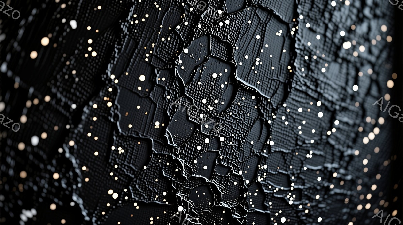 この画像は、暗い背景に白く小さな点が散りばめられた、複雑なテクスチャを持つ表面を捉えています。その表面はまるでひび割れた大地や古い壁のようであり、凹凸がはっきりとしています。全体的に、無機質で静寂な雰囲気を感じさせます。