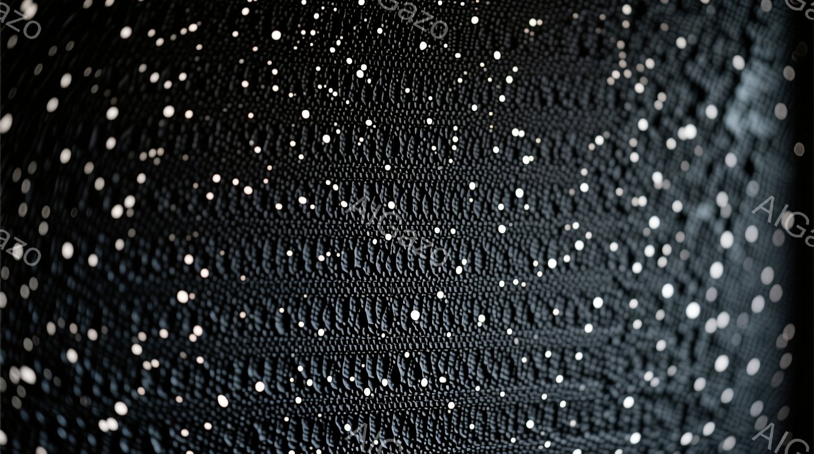 この画像は、細かい編み模様が特徴的な黒いドレスの一部を捉えています。白い小さなビーズまたは装飾が、ドレス全体に星のように散りばめられており、光を受けてキラキラと輝いています。背景は暗く、ドレスの装飾が際立っており、華やかで神秘的な雰囲気を醸し出しています。